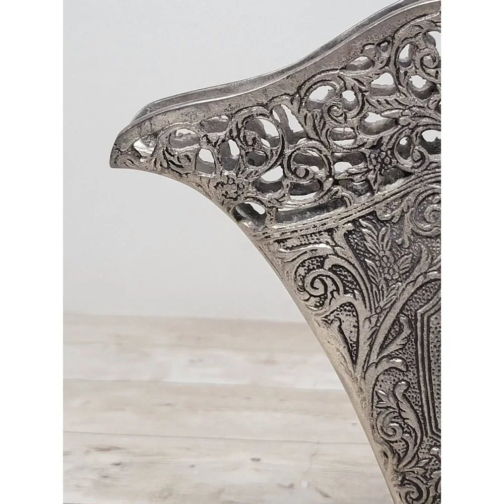 Vintage Silver Plated 9.5” Art Nouveau Ornate Fan Shaped Pierced Filigree Flower
